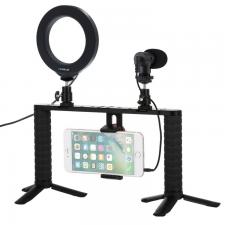 Puluz PKT3028 Plataforma Vlog con Lámpara LED Circular, Micrófono, Soporte para Smartphone, 2xTrípode, Negro