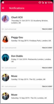 Captura de pantalla de la aplicación útil para conciertos Songkick en un iPhone
